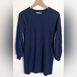 Anthropologie Lush cozy navy blue ribbed mini sweater shift dress, size XS